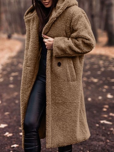 Women's Coats Solid Pocket Long Sleeve Hooded Wool Coat