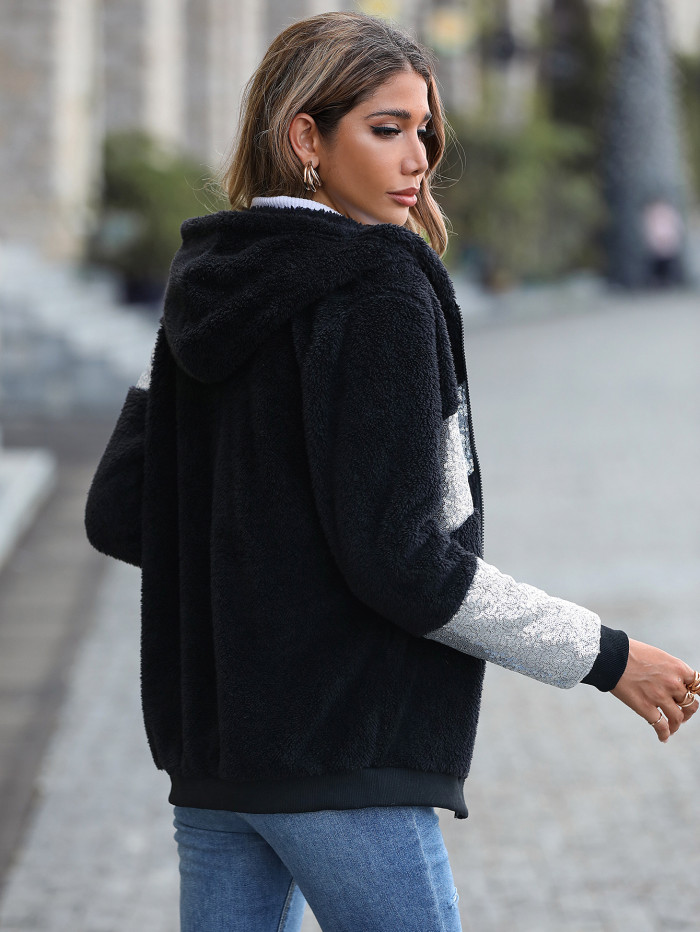 Women's Hooded Jacket Casual Long Sleeve Sequin Patchwork Zipper Up Warm Fleece Jacket