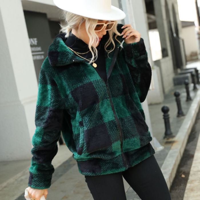 Long Sleeve Stand Collar Zipper Up Plaid Mid Length Fleece Jacket for Women