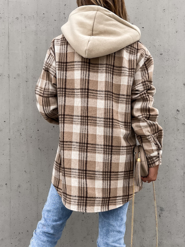 Womens Plaid Jacket Lapel Single Breasted Check Hoodie Shacket with Detachable Hoody