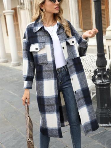 Comfortable Chest Pocket Button Fastening Curved Hem Checked Pattern Midi Plaid Shirt Jacket Coat