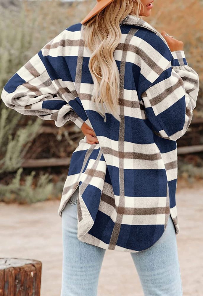 Women's Plaid Coat Lapel Long Sleeve Oversize Plus Size Plaid Jacket Coat