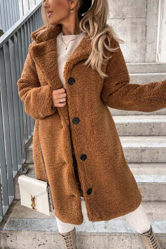 Rowangirl Autumn Winter Fashion Plush Solid Lapel Long Sleeve Buttons Coat