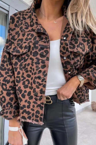 Rowangirl Fashion Casual Leopard Long Sleeve Pockets Slim Coat