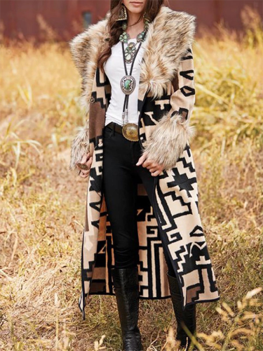 Long women's trench coat, fur duster collar with Aztec Print Cowgirl Style
