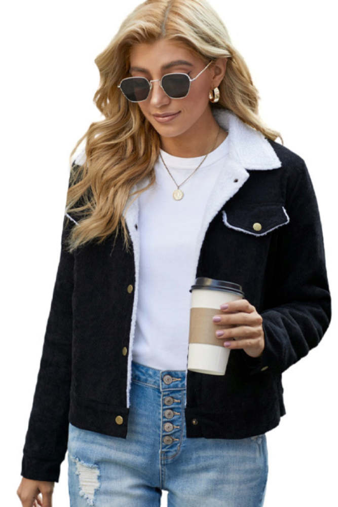 Contrast Faux Shearling Collar Cord Jacket