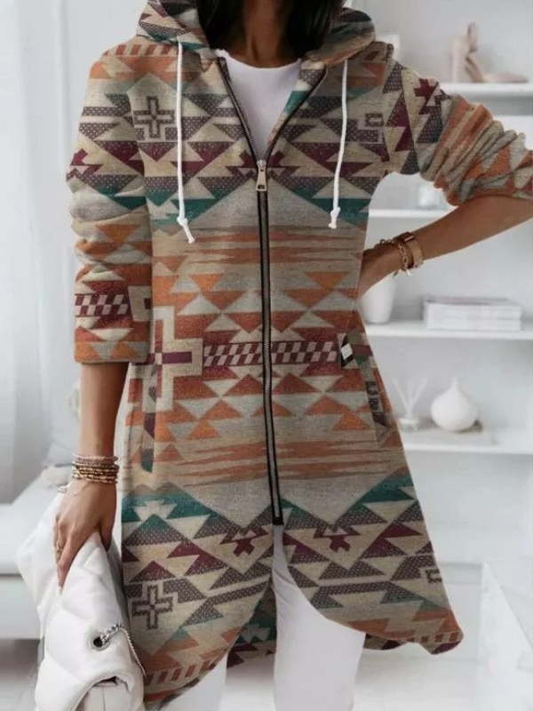 Womens Western Aztec Geometric Pattern Zipper Jacket Coat
