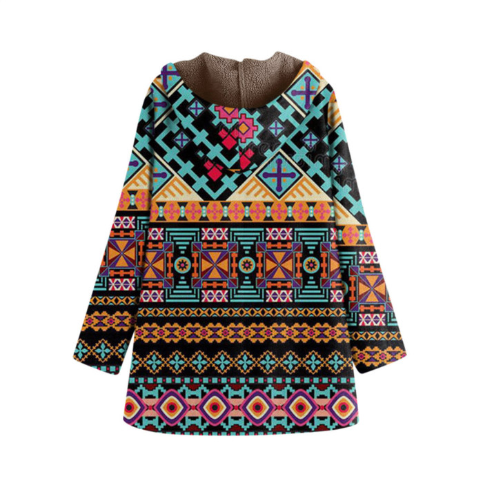 Women's Aztec Coat Retro Fleece Coat Western Style Geometry Print Hooded Fleece Coat