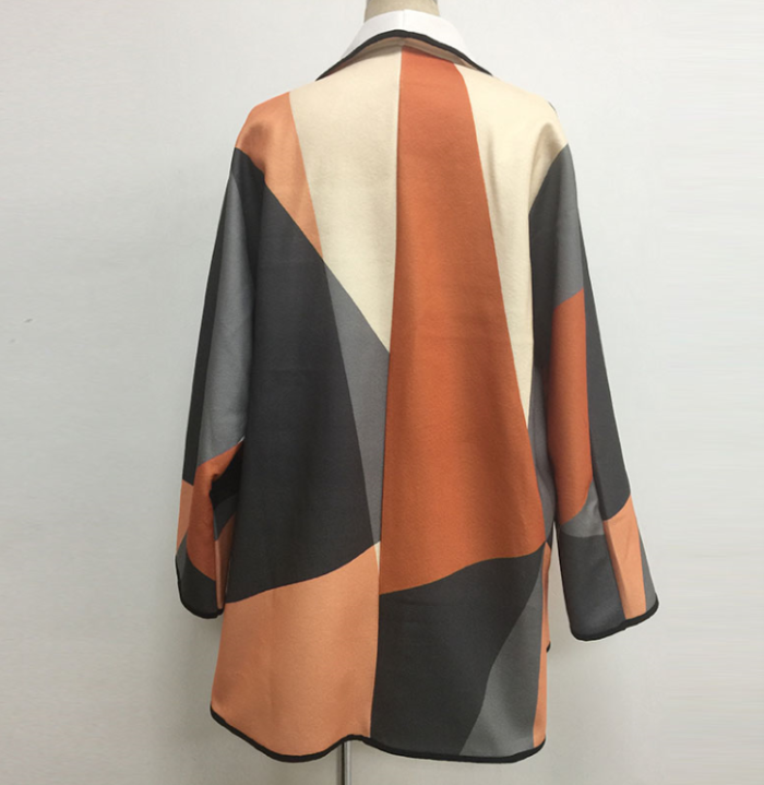 Women Fall Winter Orange Vintage Patchwork Color Trench Long Coat Long Sleeve Coat  5XL Oversize Lapel Coat
