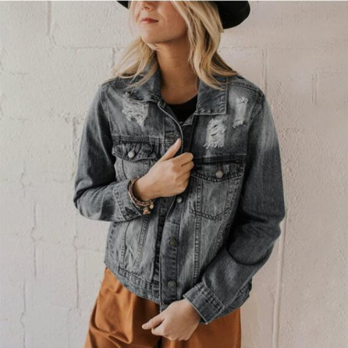 Womens Denim Jacket Lapel Light Wash Crop Pocket Ripped Button Front Jacket