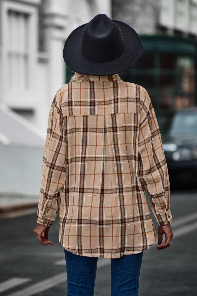 Women's Plaid Coat Oversized Long Sleeve Lapel Button Down Fall Oufit Plaid Shirt