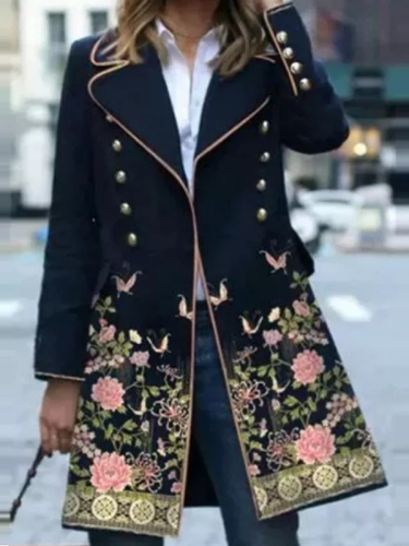 Women's Floral Print Trench Long Coat Dark Blue Lapel Button Fall Winter Flower Trench Coat Double Breasted Lapel Regular Fit Long Coat