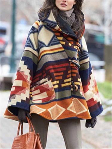 Fashion Geometric Printed Long Sleeve Hooded Woolen Aztec Jacket & Coat
