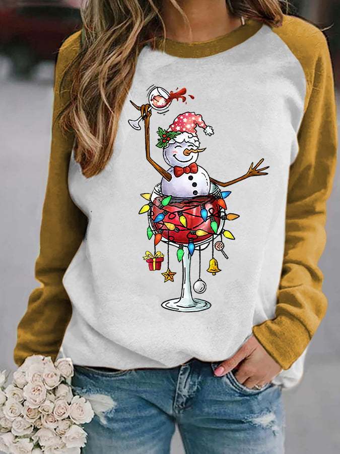 Women's Snowman Wine Glass with Light Print Christmas Sweatshirt