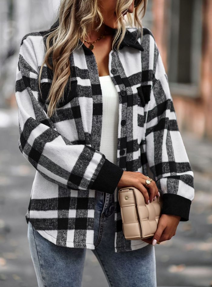 Women's Plaid Shacket Lapel Long Sleeve Thick Woolen Plaid Jacket Coat Outwear