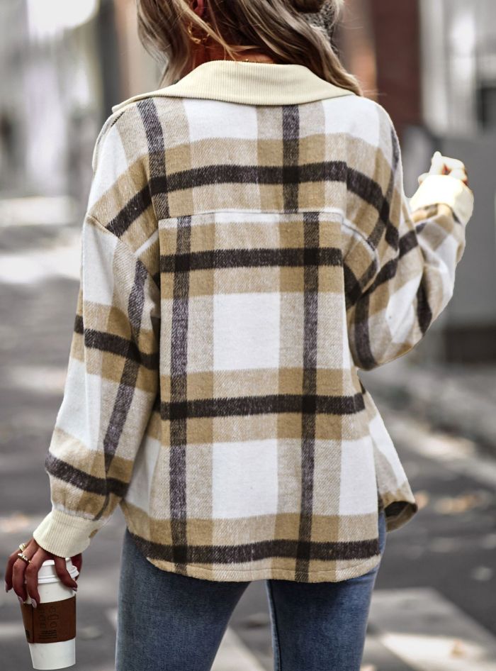 Women's Plaid Shacket Lapel Long Sleeve Thick Woolen Plaid Jacket Coat Outwear