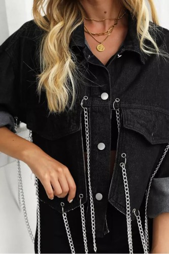 Turn Down Collar Backless Hollow Out Chain Denim Jacket Women