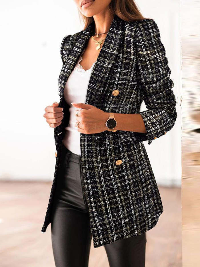 Women's Blazers Check Print Double Breasted Long Sleeve Blazer