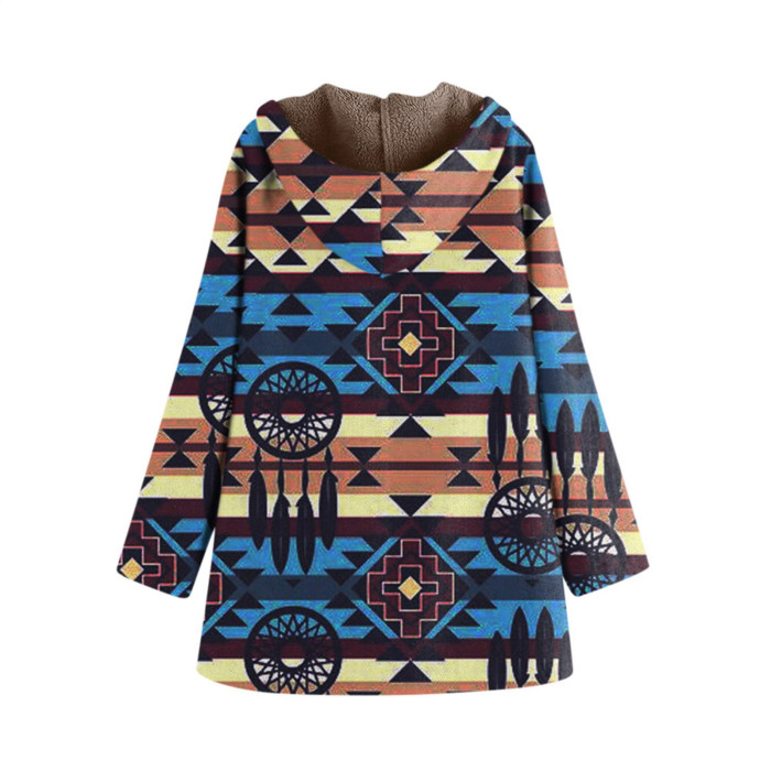 Women's Aztec Coat Retro Fleece Coat Western Style Geometry Print Hooded Fleece Coat
