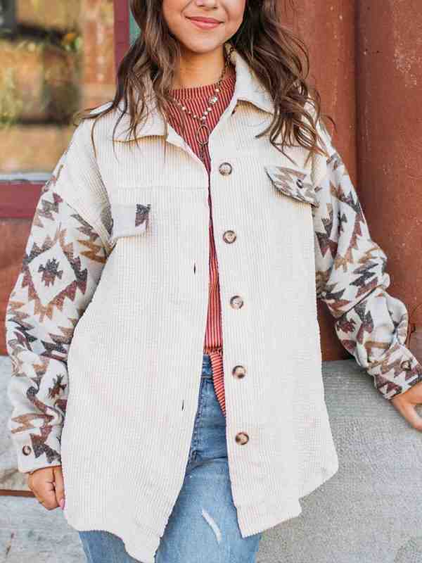 Womens Aztec Geometric Ethnic Pattern Long Sleeve Lapel Jacket Loose Vintage Button Up Shirt Patch Corduroy Jacket