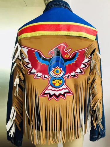 Womens Denim Jacket Aztec Eagle with Tassel Button-Front Light Wash Denim Jacket