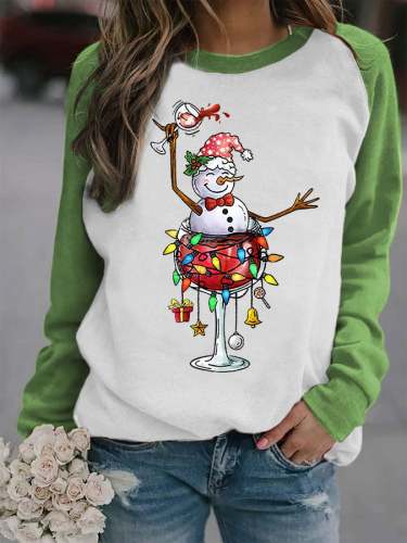 Women's Snowman Wine Glass with Light Print Christmas Sweatshirt