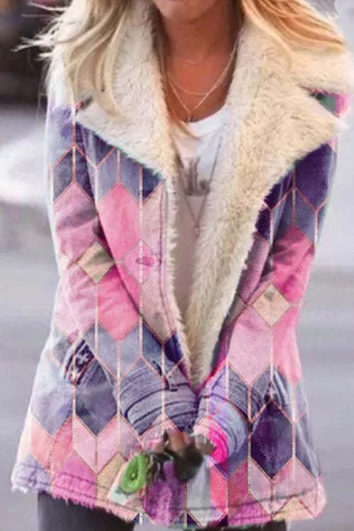 Rowangirl Autumn Winter Fashion Plush Printed Lapel Long Sleeve Coat