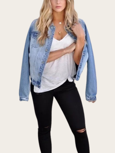 Womens Denim Jacket Lapel Light Wash Pocket Button Front Fashion Jacket
