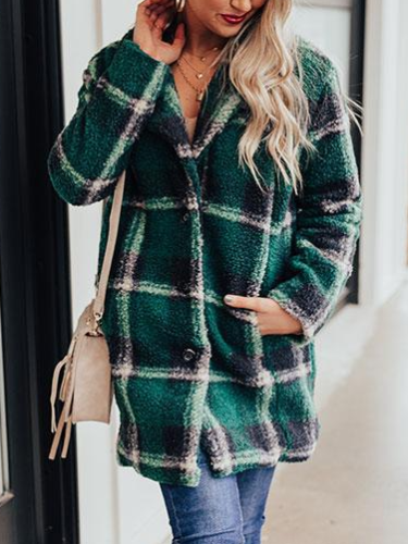 Winter Long-Sleeved Button Lapel Casual Warm Plaid Long Woolen Coat Casual Women Outerwear