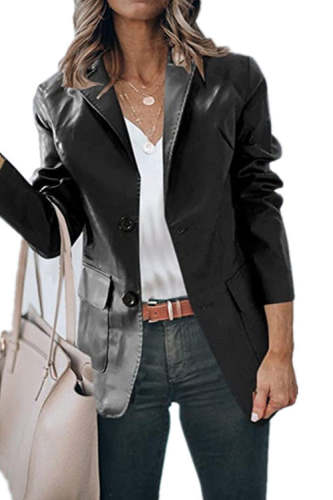 Rowangirl Fashion Solid Lapel Long Sleeve Pockets Slim Coat