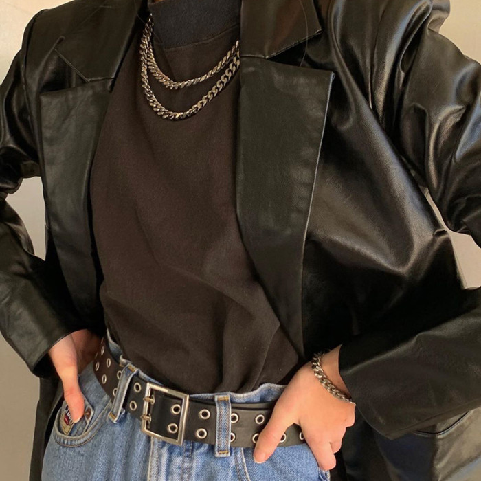 Women's Jacket PU Leather Solid Color Lapel Long Sleeve PU Blazer