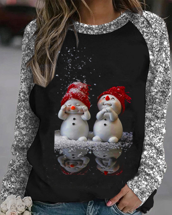 Black and White Long Sleeve Christmas Snowman Sweatshirt