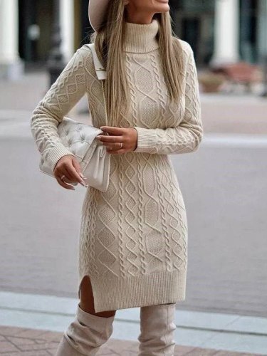 High Collar Split Hem Knitted Sweater Dress