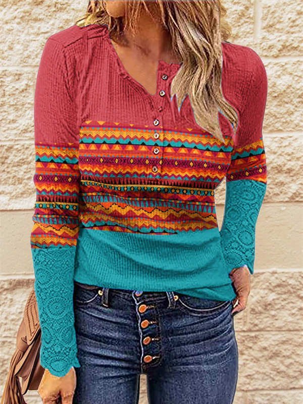 Colorful Ethnic Print Buttons Tops
