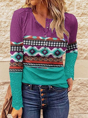 Colorful Ethnic Print Buttons Tops