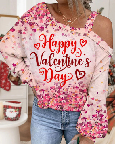 Women's Pink Valentine's Day Long-Sleeve Off-Shoulder Top