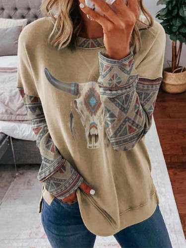 Wisherryy Ethnic Print Long-Sleeved Round Neck Sweater