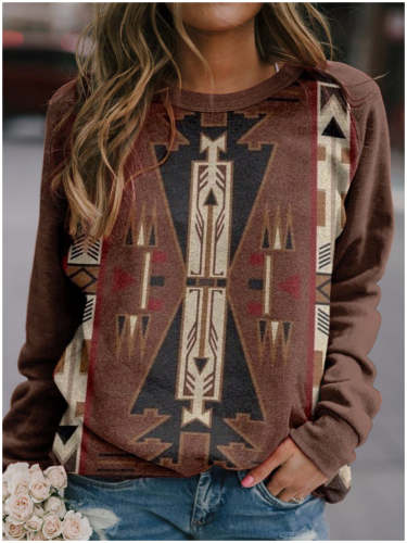 Wisherryy Retro Western Ethnic Geometric Print Sweatshirt