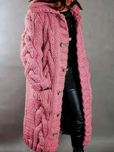 Hooded Solid Color Twist Thick Sweater Cardigan