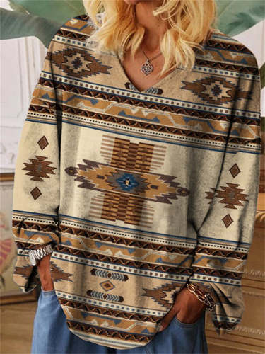Western Aztec Pattern Cozy Oversize T Shirt
