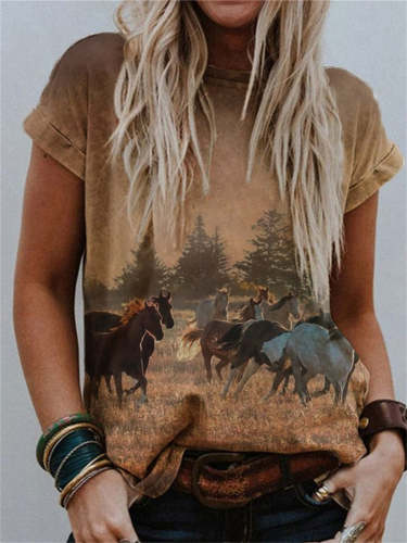 Wisherryy Western Running Horses Print T Shirt