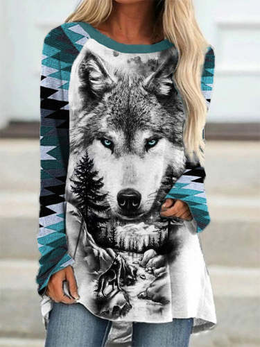 Forest Wolf Art Aztec Patchwork A Line T Shirt