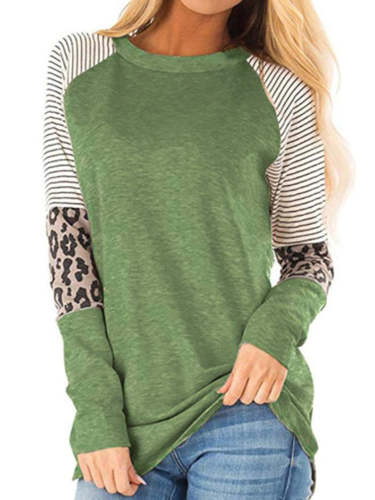 Casual Crew Neck Leopard Print Panled Tunic