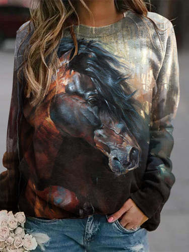 Vintage Horse Print Crew Neck Long Sleeve Sweatshirt