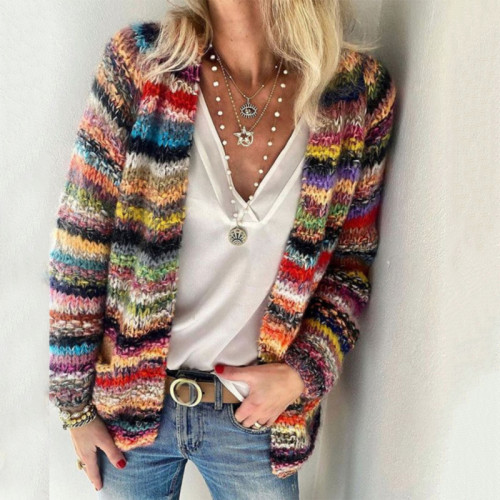 Long Sleeve Casual Rainbow Striped Sweater Jacket