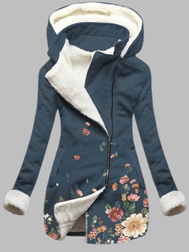 Casual Floral Print Sherpa Hooded Coat