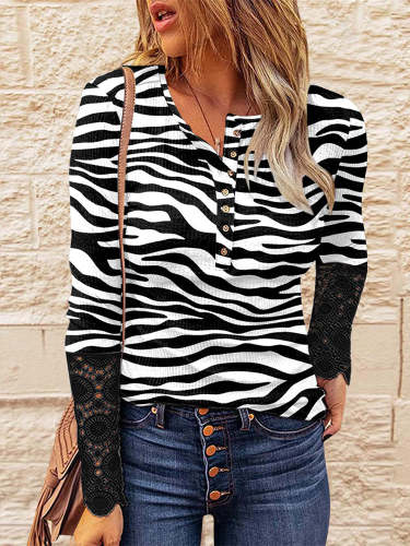 Zebra Print Lace Paneled Long Sleeve T-Shirt