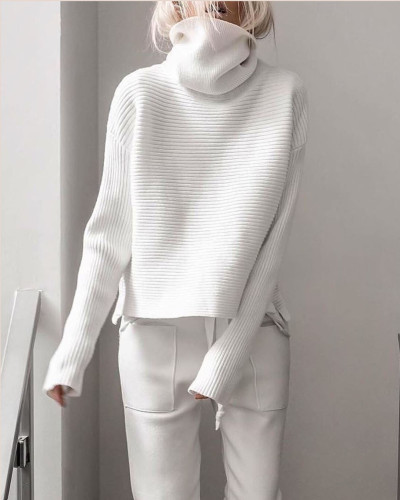 Stripe Texture Knitting Turtleneck Casual Tops