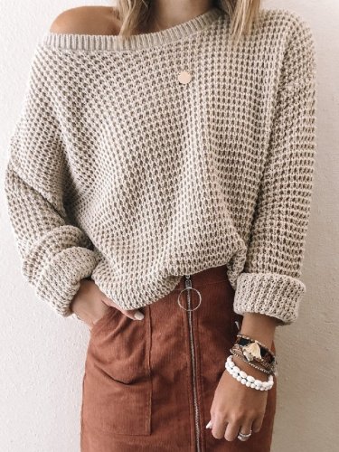 Fashion Solid Color Diagonal Collar Short Long Sleeve Knitted Sweater