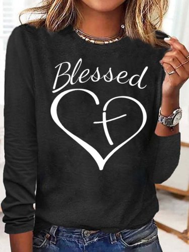 SocialShop Women's Christian Blessed Heart Print Crew Neck Casual Letters Top